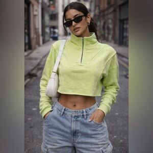 Neon Green Cropped Half Zip Pullover | Trendy Streetwear Sweatshirt